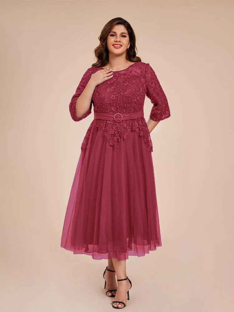 Lace Bodice 3/4 Length Sleeves Tea-Length Chiffon Mother Of The Bride Dress With Belt