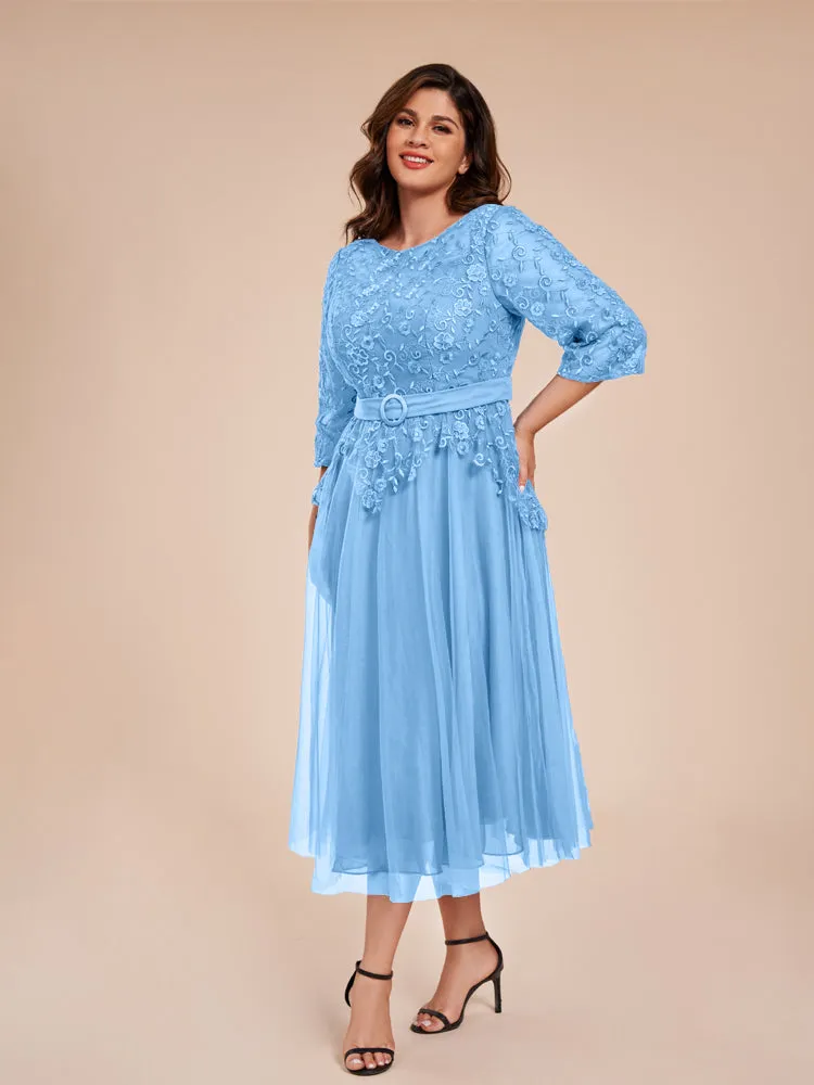 Lace Bodice 3/4 Length Sleeves Tea-Length Chiffon Mother Of The Bride Dress With Belt