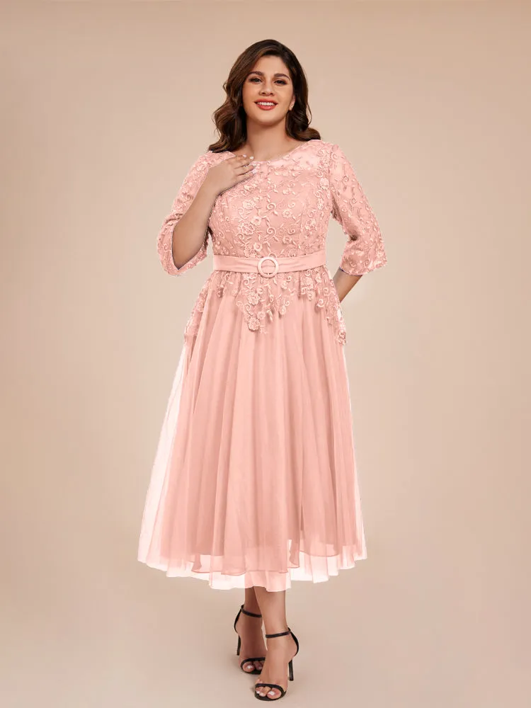 Lace Bodice 3/4 Length Sleeves Tea-Length Chiffon Mother Of The Bride Dress With Belt