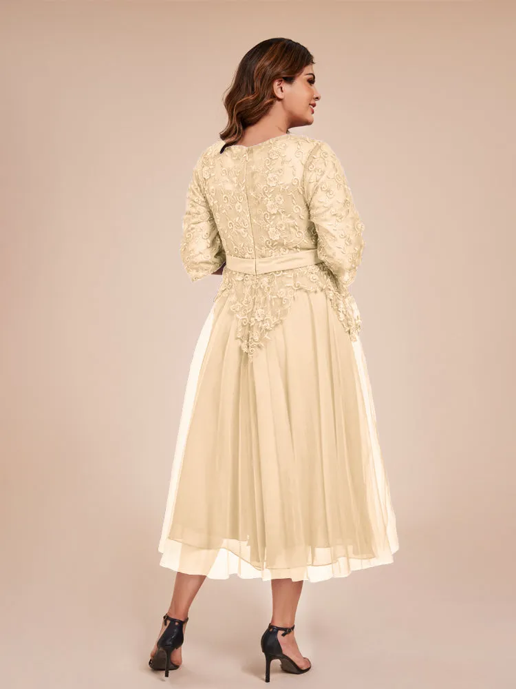 Lace Bodice 3/4 Length Sleeves Tea-Length Chiffon Mother Of The Bride Dress With Belt
