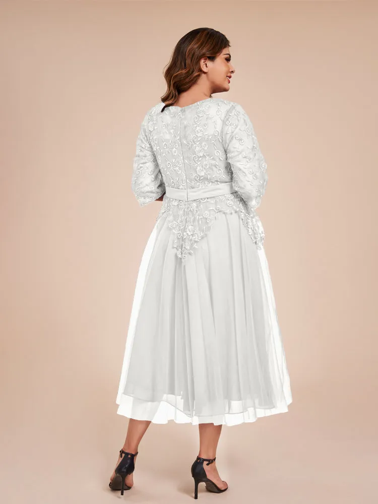 Lace Bodice 3/4 Length Sleeves Tea-Length Chiffon Mother Of The Bride Dress With Belt