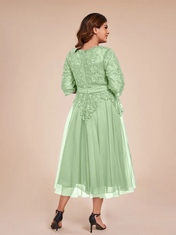 Lace Bodice 3/4 Length Sleeves Tea-Length Chiffon Mother Of The Bride Dress With Belt