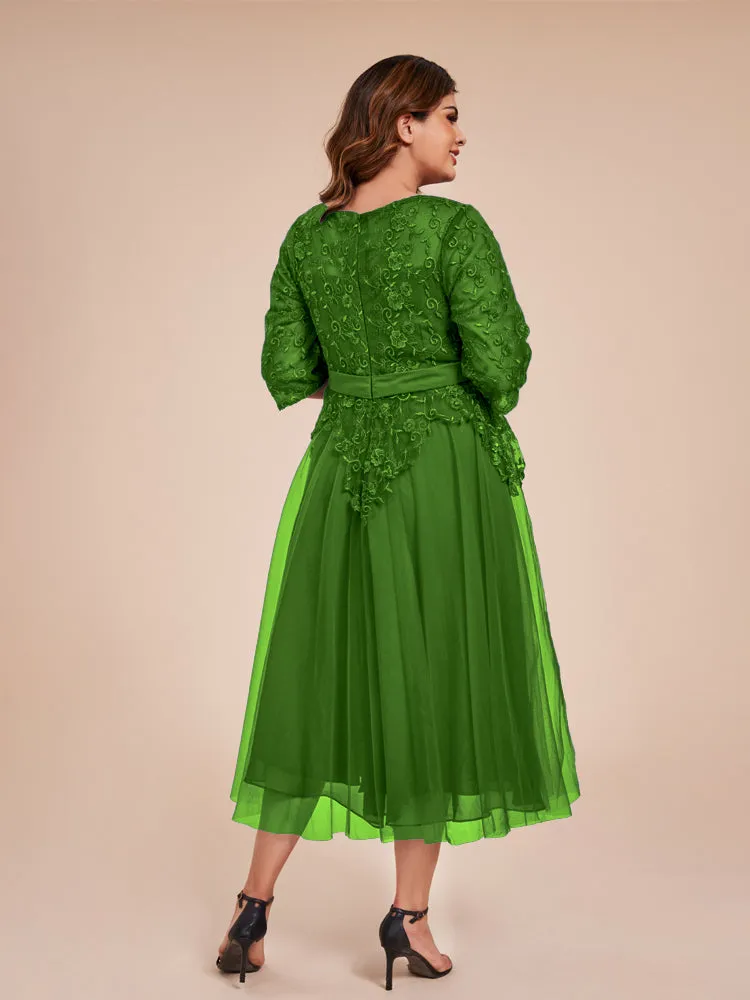 Lace Bodice 3/4 Length Sleeves Tea-Length Chiffon Mother Of The Bride Dress With Belt