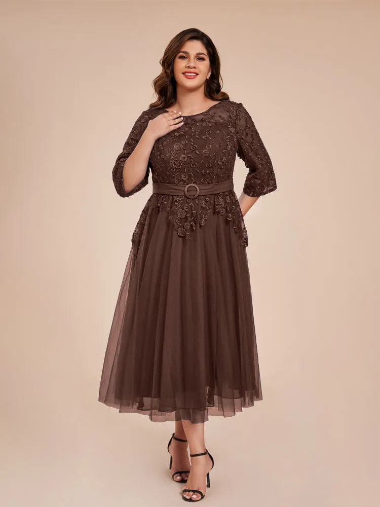 Lace Bodice 3/4 Length Sleeves Tea-Length Chiffon Mother Of The Bride Dress With Belt