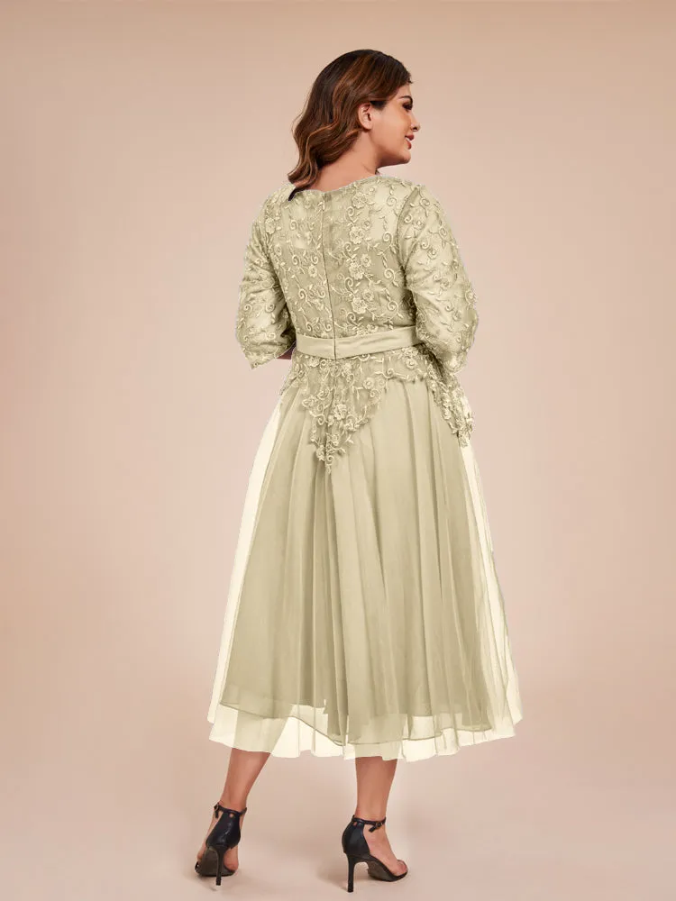 Lace Bodice 3/4 Length Sleeves Tea-Length Chiffon Mother Of The Bride Dress With Belt