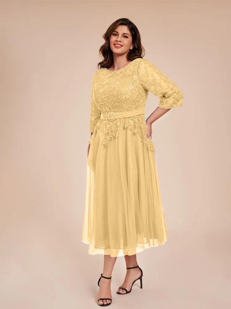 Lace Bodice 3/4 Length Sleeves Tea-Length Chiffon Mother Of The Bride Dress With Belt