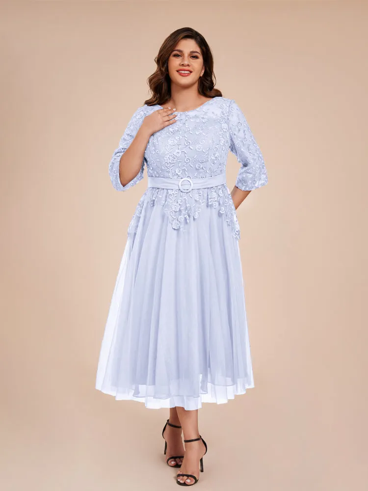 Lace Bodice 3/4 Length Sleeves Tea-Length Chiffon Mother Of The Bride Dress With Belt