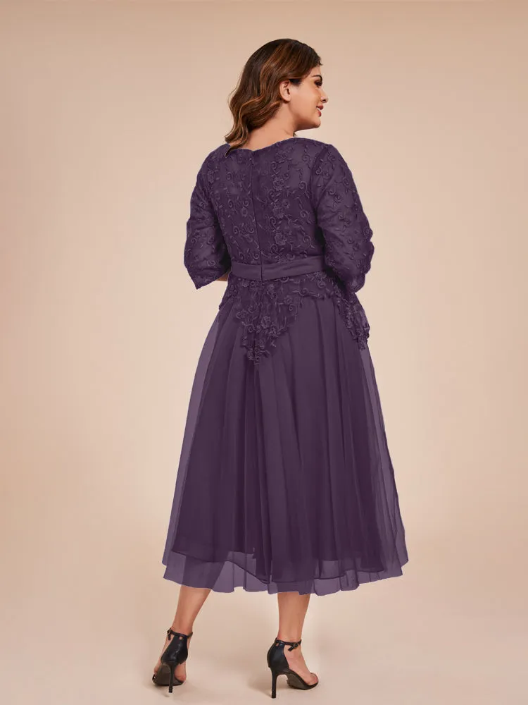 Lace Bodice 3/4 Length Sleeves Tea-Length Chiffon Mother Of The Bride Dress With Belt