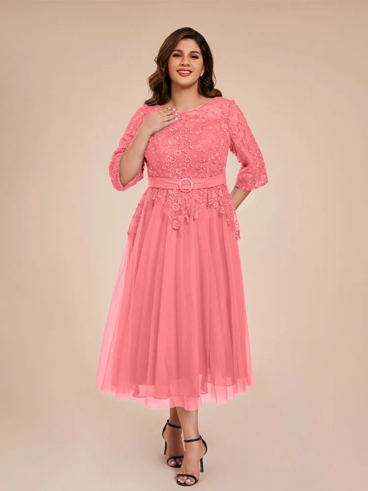 Lace Bodice 3/4 Length Sleeves Tea-Length Chiffon Mother Of The Bride Dress With Belt