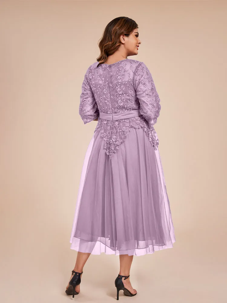 Lace Bodice 3/4 Length Sleeves Tea-Length Chiffon Mother Of The Bride Dress With Belt