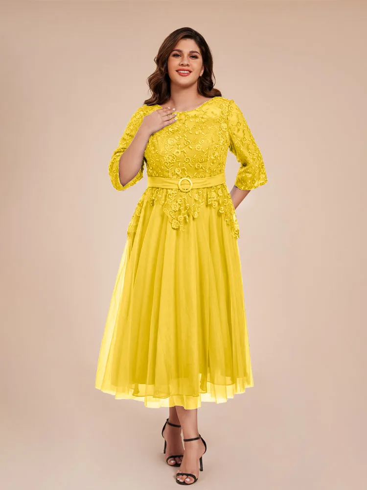 Lace Bodice 3/4 Length Sleeves Tea-Length Chiffon Mother Of The Bride Dress With Belt