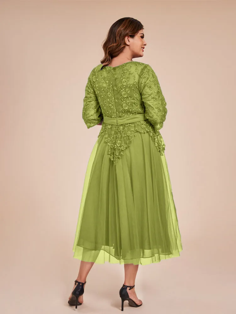 Lace Bodice 3/4 Length Sleeves Tea-Length Chiffon Mother Of The Bride Dress With Belt