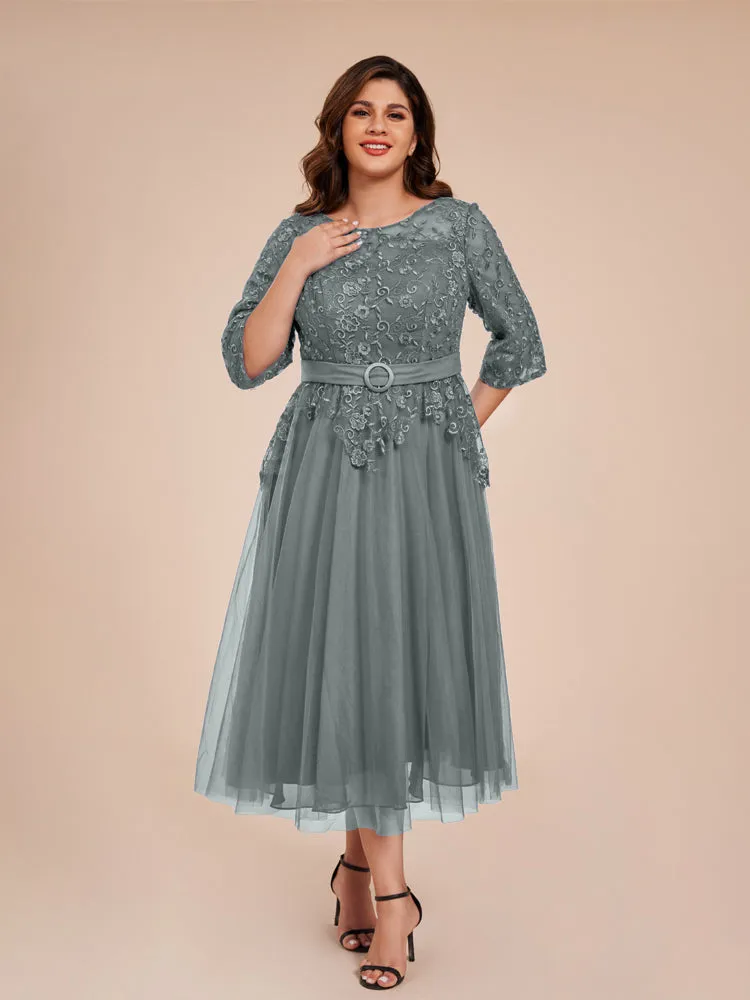 Lace Bodice 3/4 Length Sleeves Tea-Length Chiffon Mother Of The Bride Dress With Belt