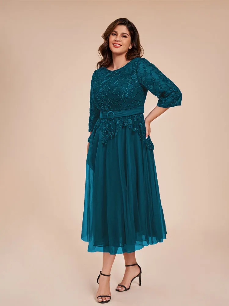Lace Bodice 3/4 Length Sleeves Tea-Length Chiffon Mother Of The Bride Dress With Belt