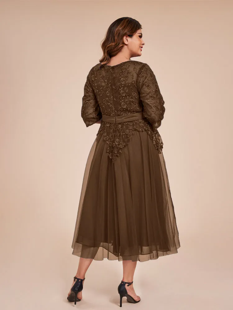 Lace Bodice 3/4 Length Sleeves Tea-Length Chiffon Mother Of The Bride Dress With Belt