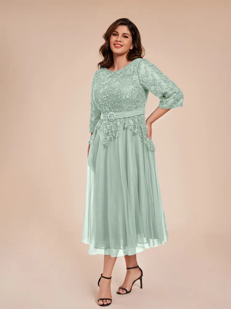 Lace Bodice 3/4 Length Sleeves Tea-Length Chiffon Mother Of The Bride Dress With Belt