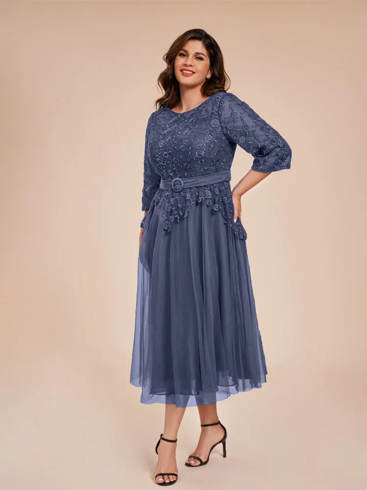 Lace Bodice 3/4 Length Sleeves Tea-Length Chiffon Mother Of The Bride Dress With Belt
