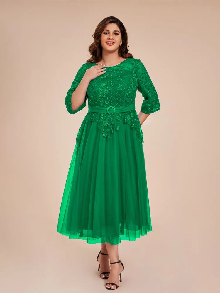 Lace Bodice 3/4 Length Sleeves Tea-Length Chiffon Mother Of The Bride Dress With Belt