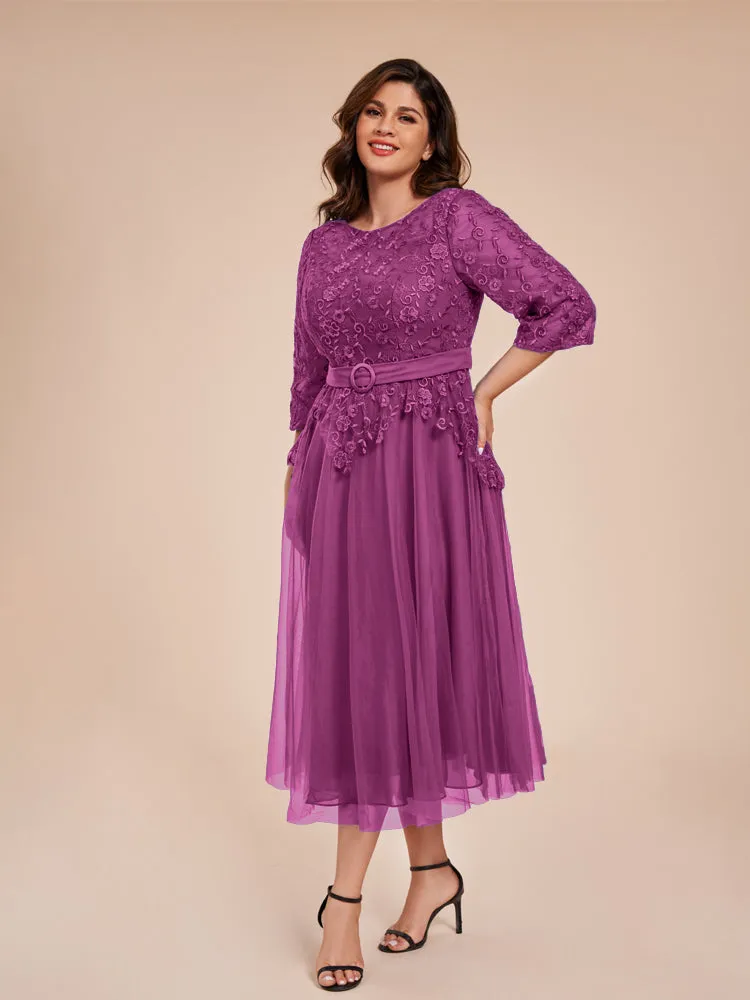Lace Bodice 3/4 Length Sleeves Tea-Length Chiffon Mother Of The Bride Dress With Belt