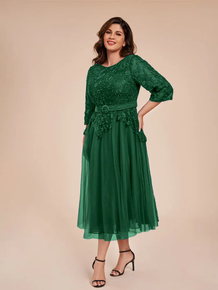 Lace Bodice 3/4 Length Sleeves Tea-Length Chiffon Mother Of The Bride Dress With Belt