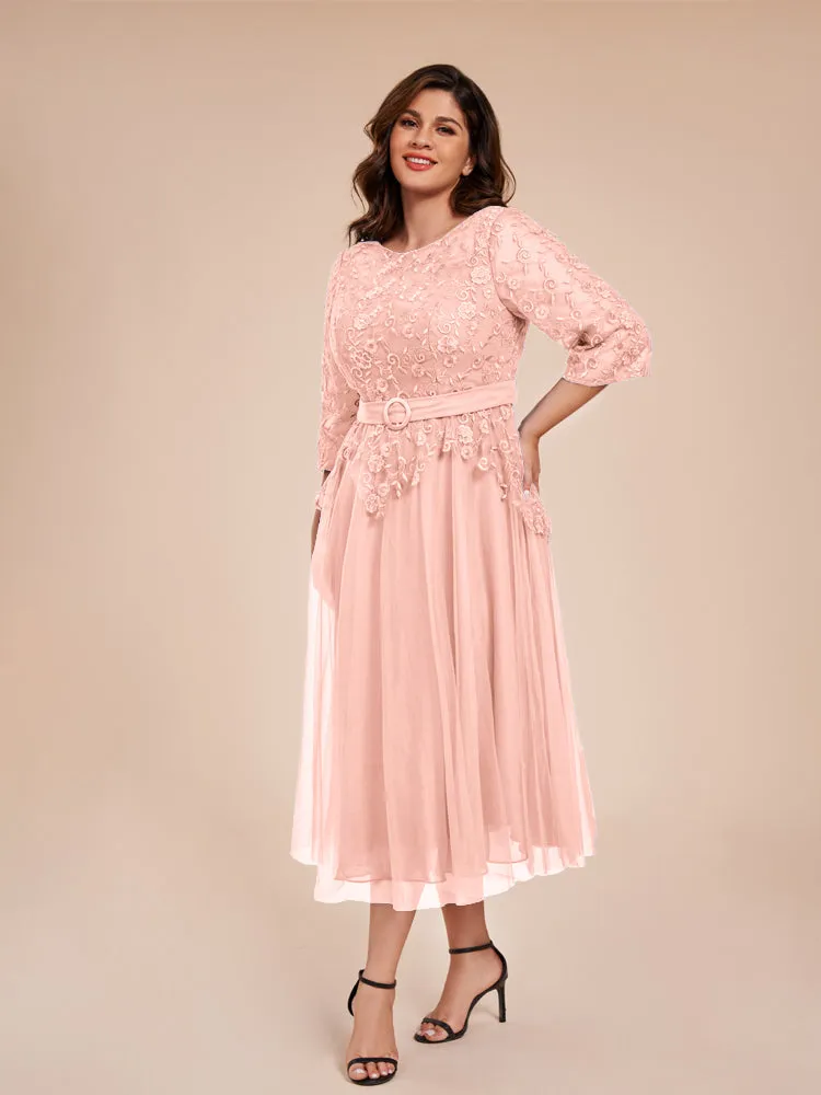 Lace Bodice 3/4 Length Sleeves Tea-Length Chiffon Mother Of The Bride Dress With Belt