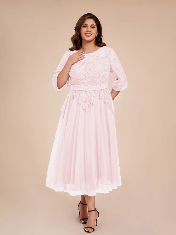 Lace Bodice 3/4 Length Sleeves Tea-Length Chiffon Mother Of The Bride Dress With Belt