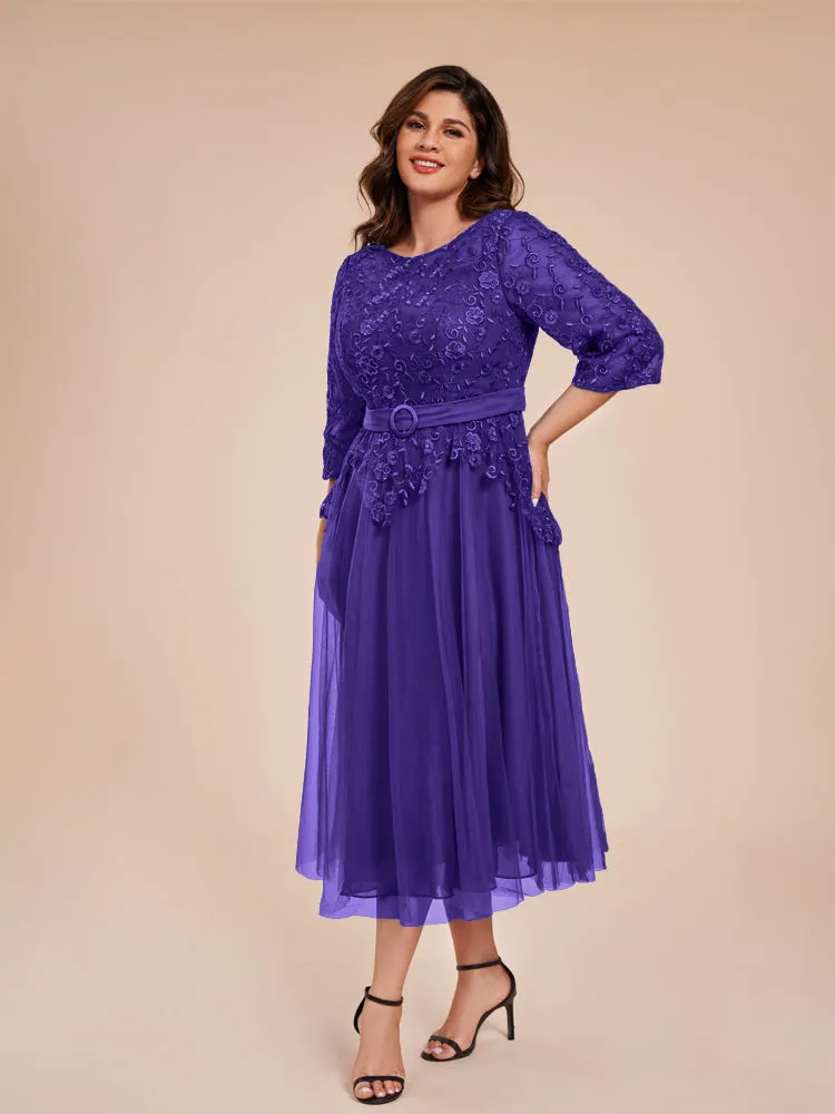 Lace Bodice 3/4 Length Sleeves Tea-Length Chiffon Mother Of The Bride Dress With Belt