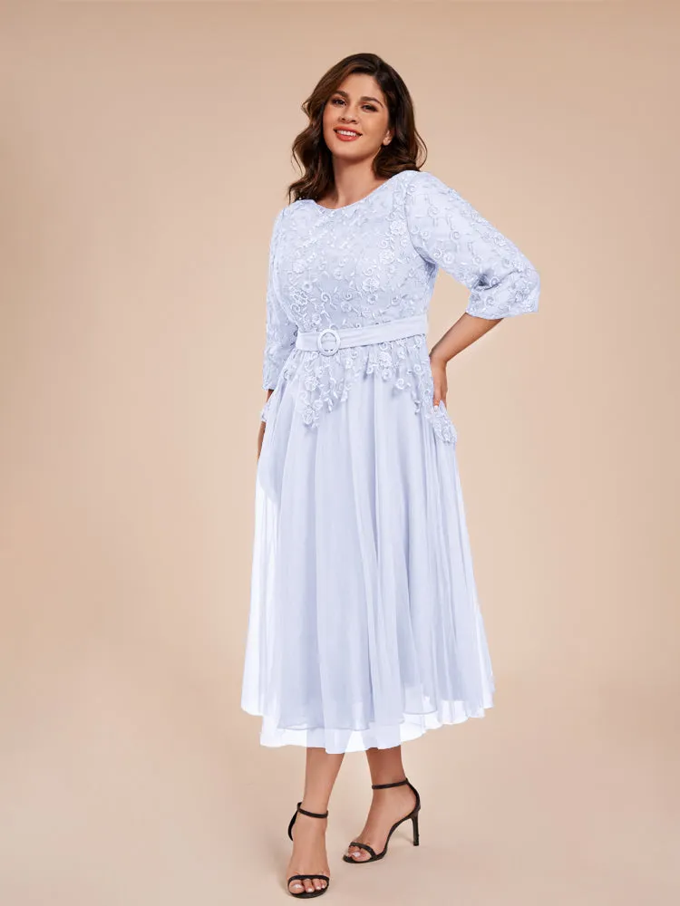 Lace Bodice 3/4 Length Sleeves Tea-Length Chiffon Mother Of The Bride Dress With Belt