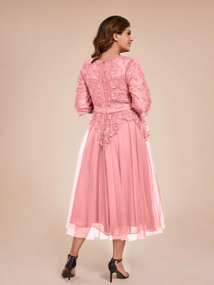 Lace Bodice 3/4 Length Sleeves Tea-Length Chiffon Mother Of The Bride Dress With Belt