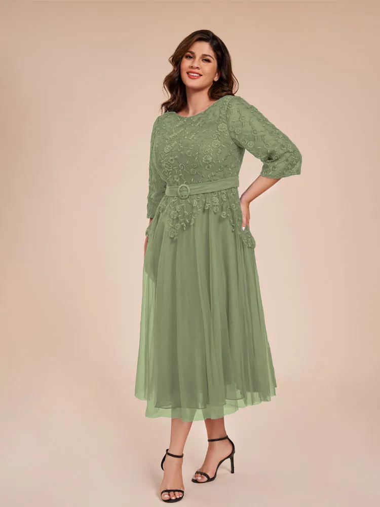 Lace Bodice 3/4 Length Sleeves Tea-Length Chiffon Mother Of The Bride Dress With Belt