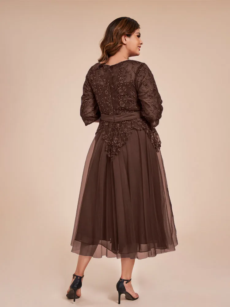 Lace Bodice 3/4 Length Sleeves Tea-Length Chiffon Mother Of The Bride Dress With Belt