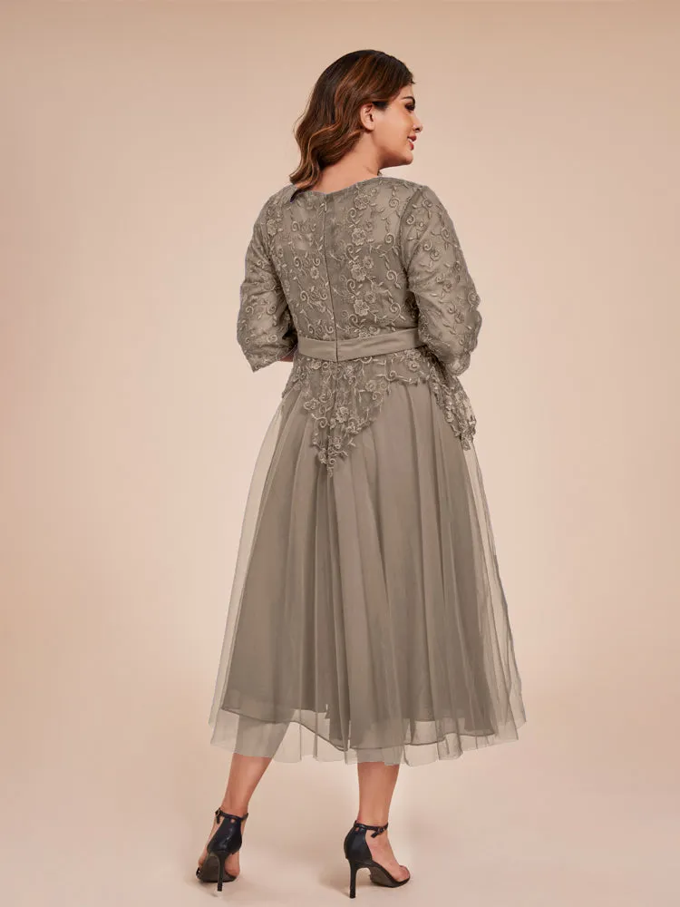 Lace Bodice 3/4 Length Sleeves Tea-Length Chiffon Mother Of The Bride Dress With Belt