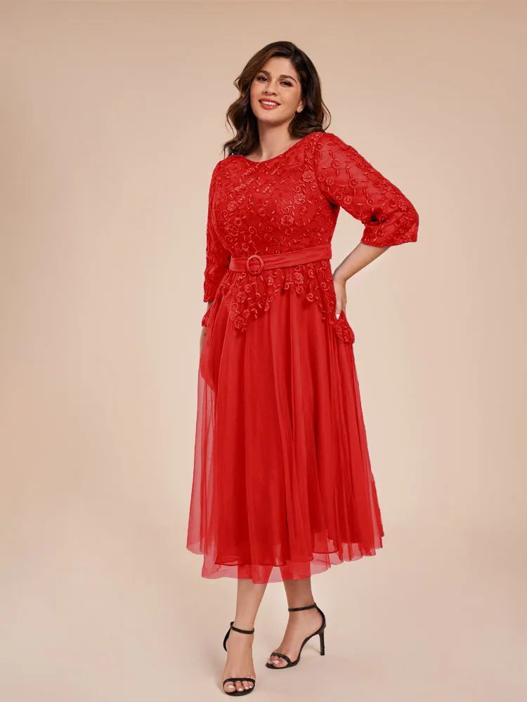 Lace Bodice 3/4 Length Sleeves Tea-Length Chiffon Mother Of The Bride Dress With Belt
