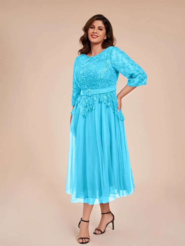 Lace Bodice 3/4 Length Sleeves Tea-Length Chiffon Mother Of The Bride Dress With Belt