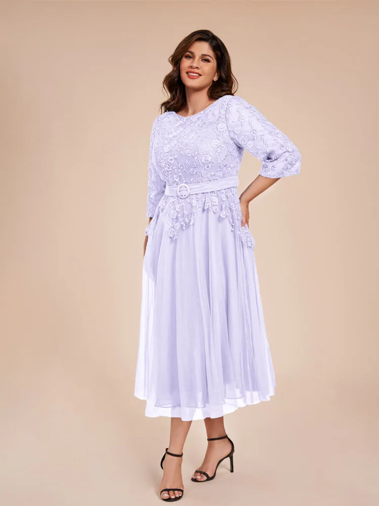 Lace Bodice 3/4 Length Sleeves Tea-Length Chiffon Mother Of The Bride Dress With Belt