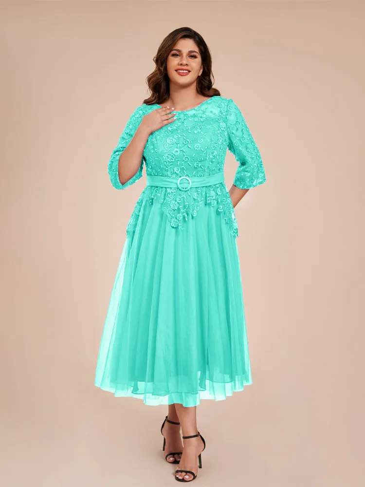 Lace Bodice 3/4 Length Sleeves Tea-Length Chiffon Mother Of The Bride Dress With Belt