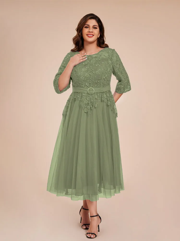Lace Bodice 3/4 Length Sleeves Tea-Length Chiffon Mother Of The Bride Dress With Belt