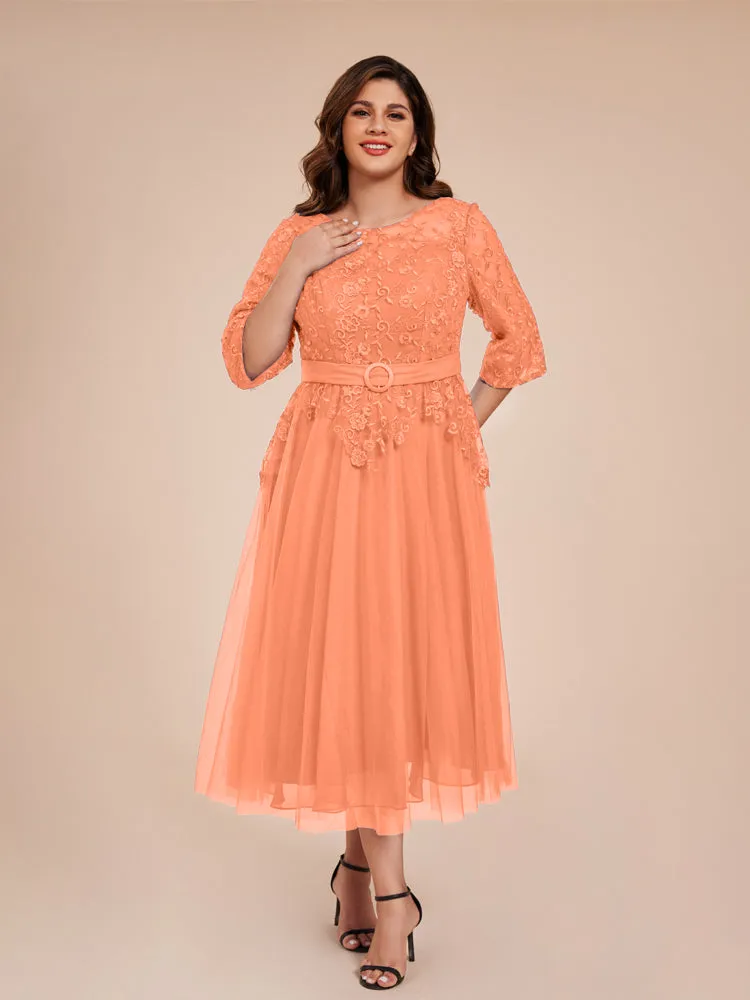 Lace Bodice 3/4 Length Sleeves Tea-Length Chiffon Mother Of The Bride Dress With Belt