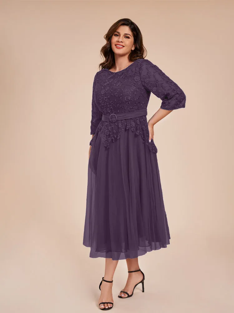 Lace Bodice 3/4 Length Sleeves Tea-Length Chiffon Mother Of The Bride Dress With Belt