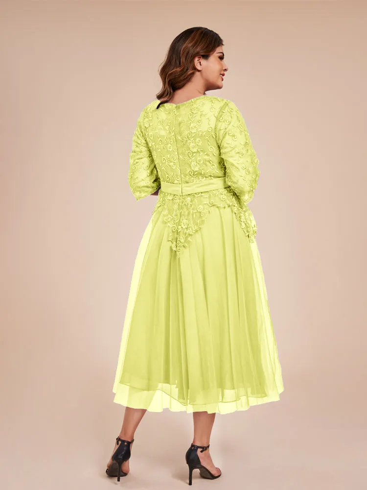 Lace Bodice 3/4 Length Sleeves Tea-Length Chiffon Mother Of The Bride Dress With Belt