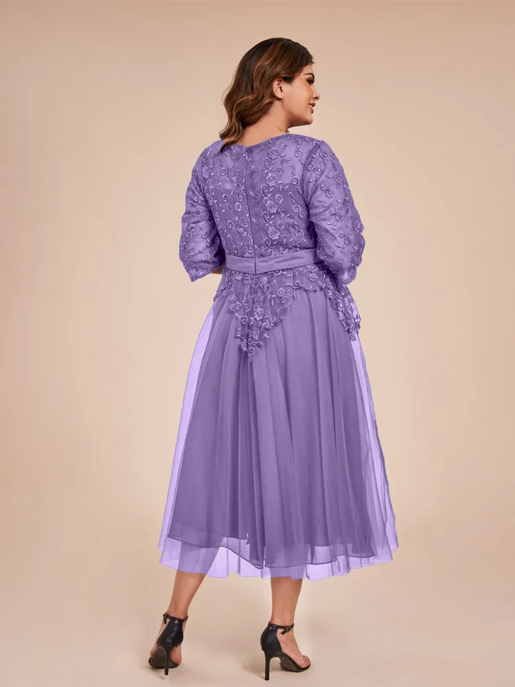Lace Bodice 3/4 Length Sleeves Tea-Length Chiffon Mother Of The Bride Dress With Belt