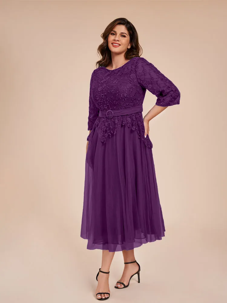 Lace Bodice 3/4 Length Sleeves Tea-Length Chiffon Mother Of The Bride Dress With Belt