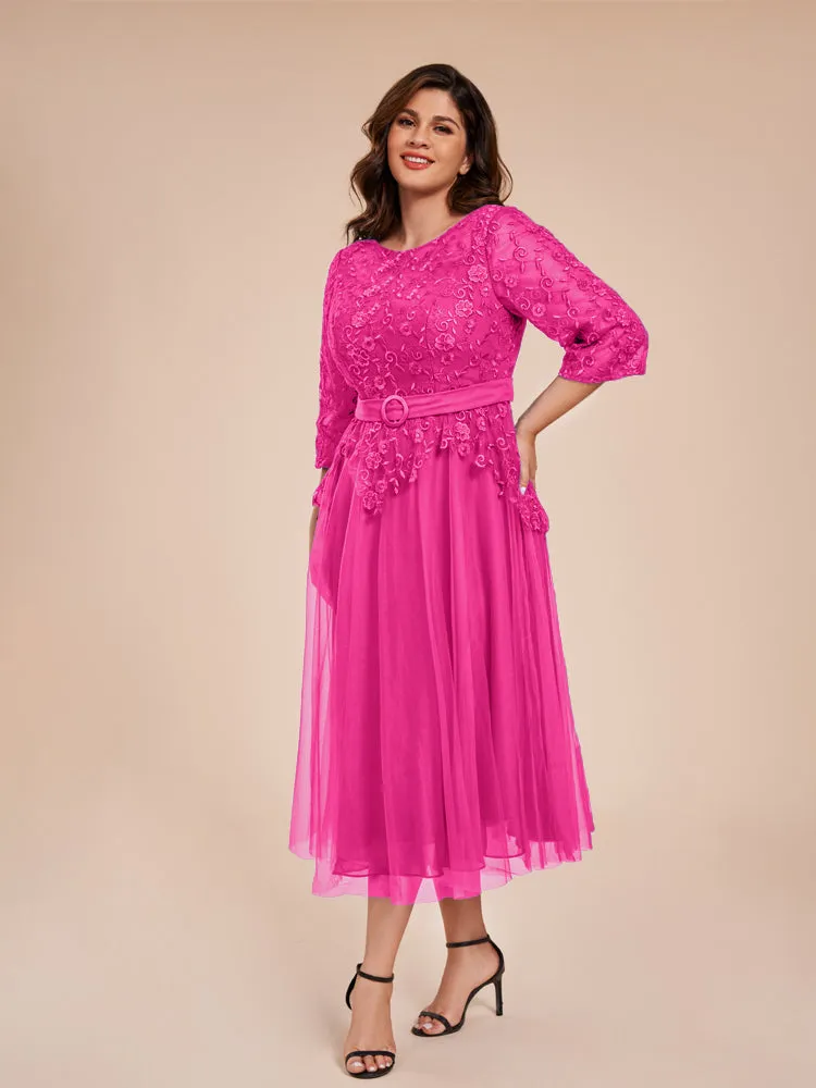Lace Bodice 3/4 Length Sleeves Tea-Length Chiffon Mother Of The Bride Dress With Belt