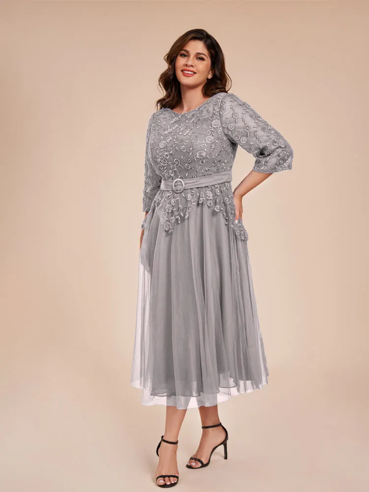 Lace Bodice 3/4 Length Sleeves Tea-Length Chiffon Mother Of The Bride Dress With Belt