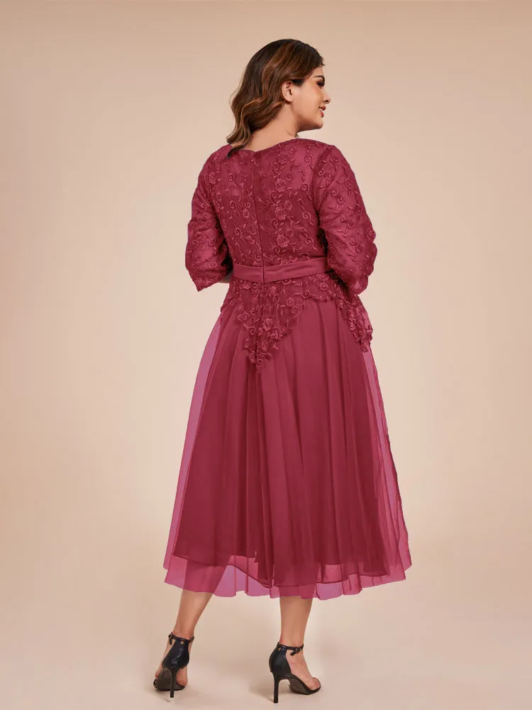 Lace Bodice 3/4 Length Sleeves Tea-Length Chiffon Mother Of The Bride Dress With Belt