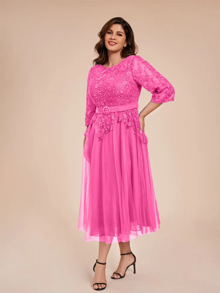 Lace Bodice 3/4 Length Sleeves Tea-Length Chiffon Mother Of The Bride Dress With Belt