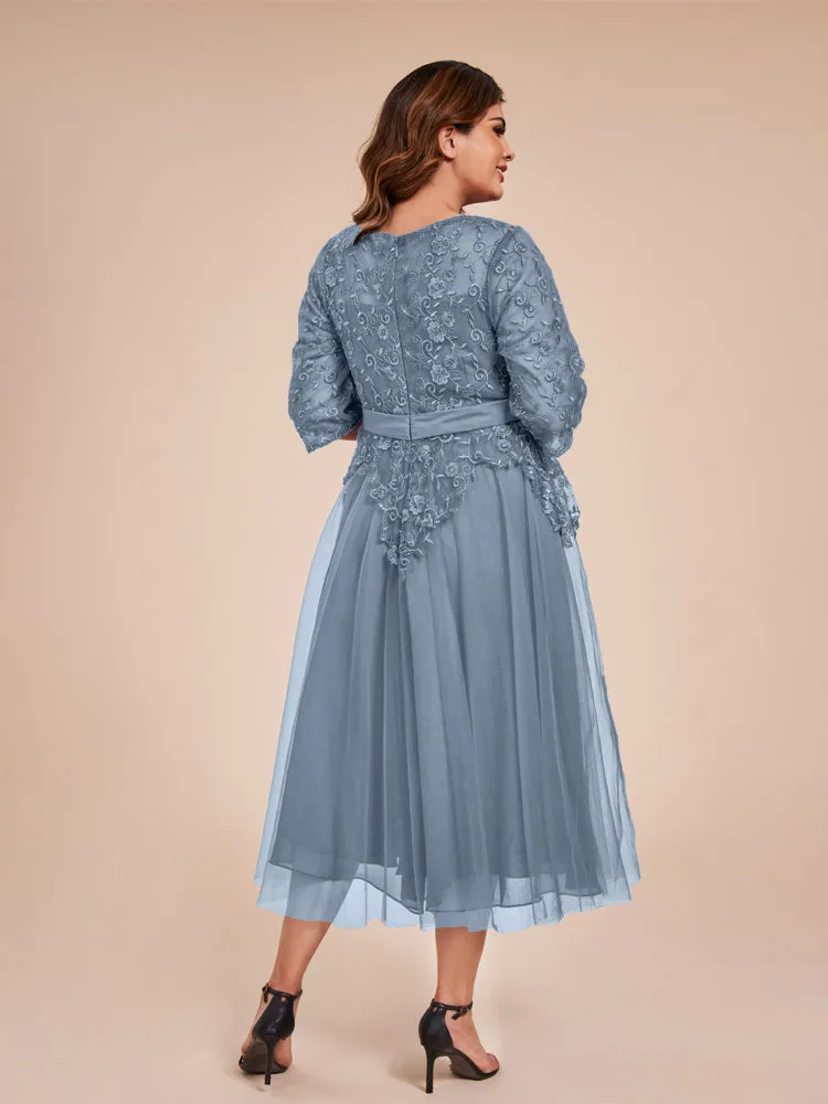 Lace Bodice 3/4 Length Sleeves Tea-Length Chiffon Mother Of The Bride Dress With Belt