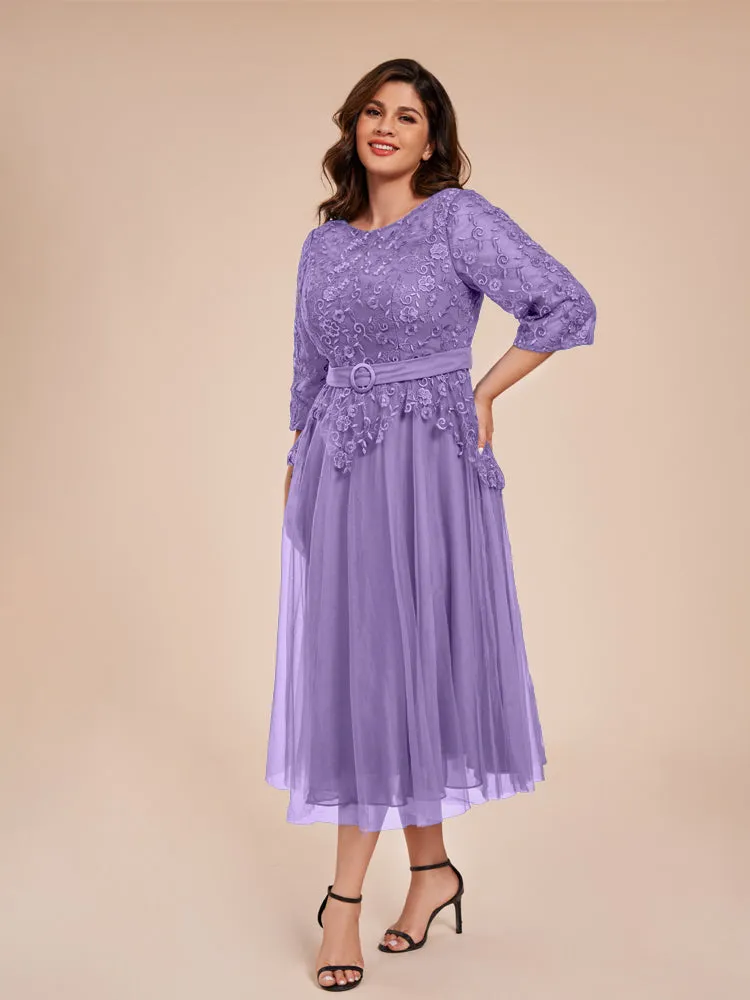 Lace Bodice 3/4 Length Sleeves Tea-Length Chiffon Mother Of The Bride Dress With Belt