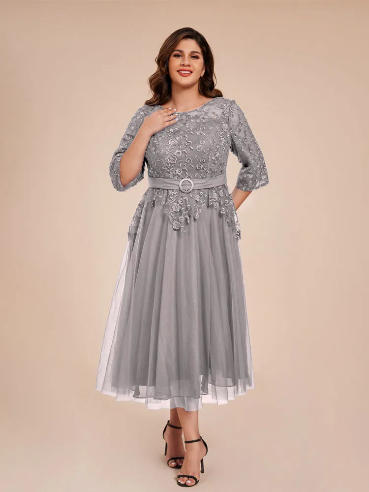 Lace Bodice 3/4 Length Sleeves Tea-Length Chiffon Mother Of The Bride Dress With Belt