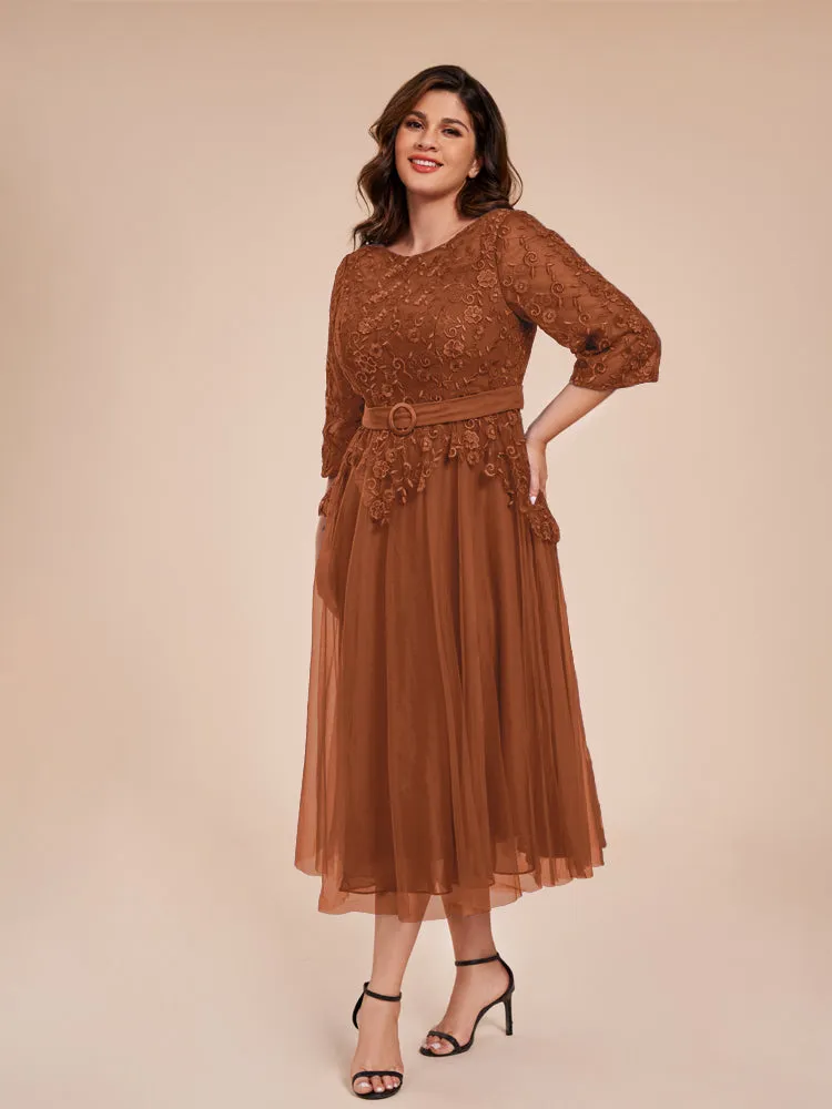 Lace Bodice 3/4 Length Sleeves Tea-Length Chiffon Mother Of The Bride Dress With Belt